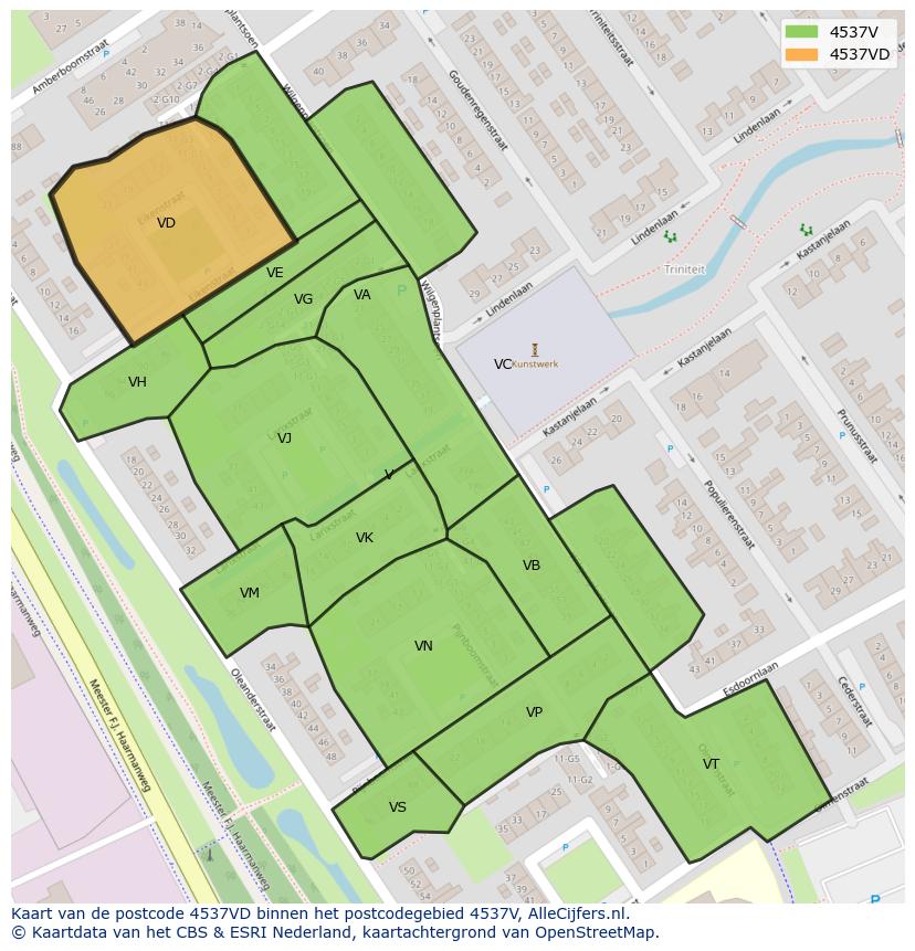 Afbeelding van het postcodegebied 4537 VD op de kaart.