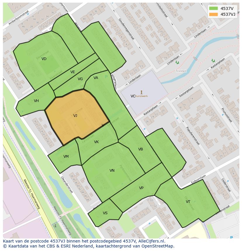 Afbeelding van het postcodegebied 4537 VJ op de kaart.