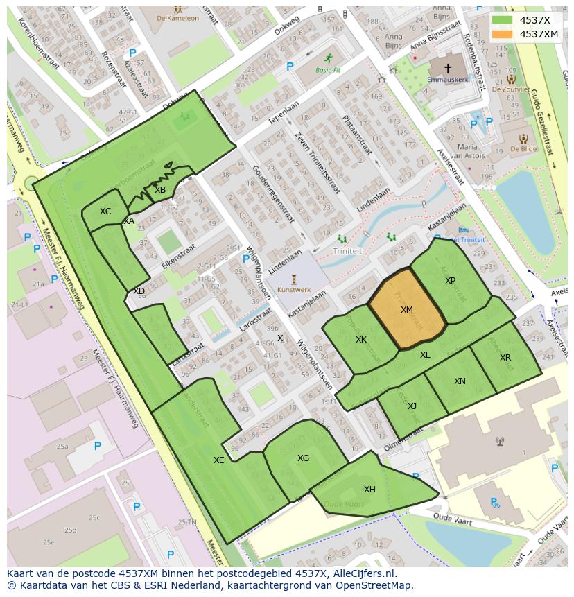 Afbeelding van het postcodegebied 4537 XM op de kaart.