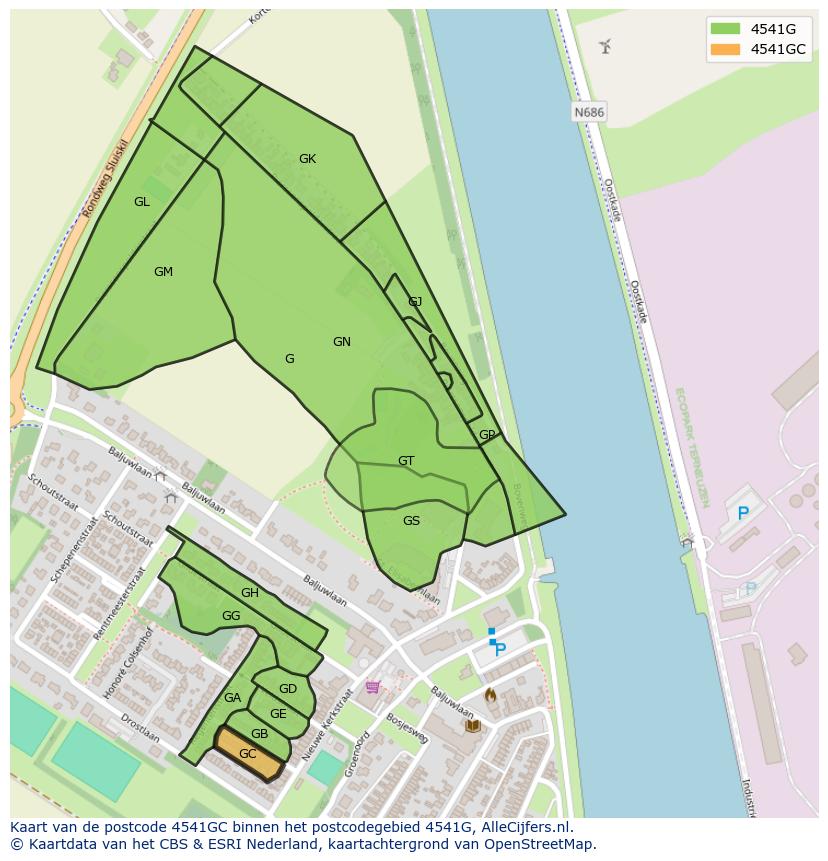 Afbeelding van het postcodegebied 4541 GC op de kaart.