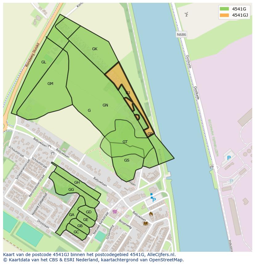 Afbeelding van het postcodegebied 4541 GJ op de kaart.