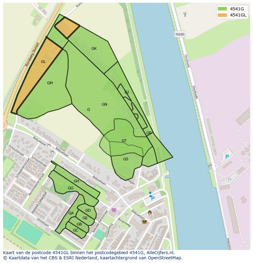 Afbeelding van het postcodegebied 4541 GL op de kaart.