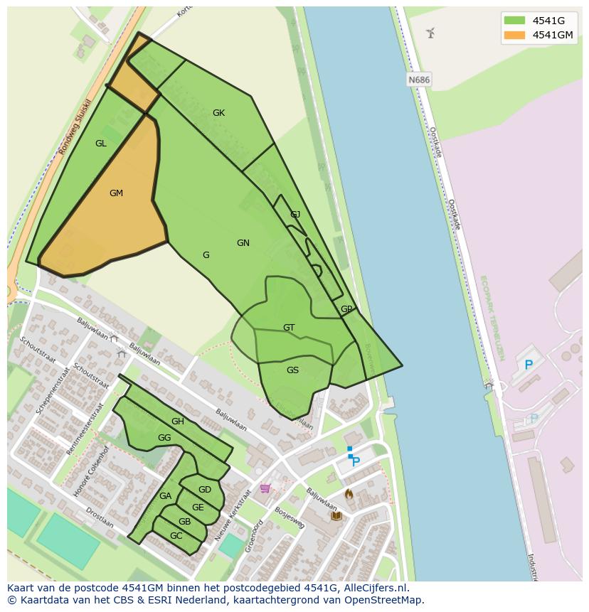 Afbeelding van het postcodegebied 4541 GM op de kaart.