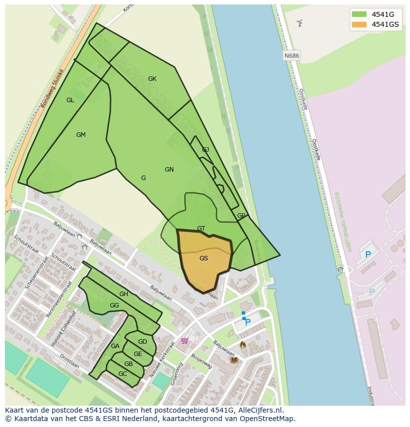 Afbeelding van het postcodegebied 4541 GS op de kaart.