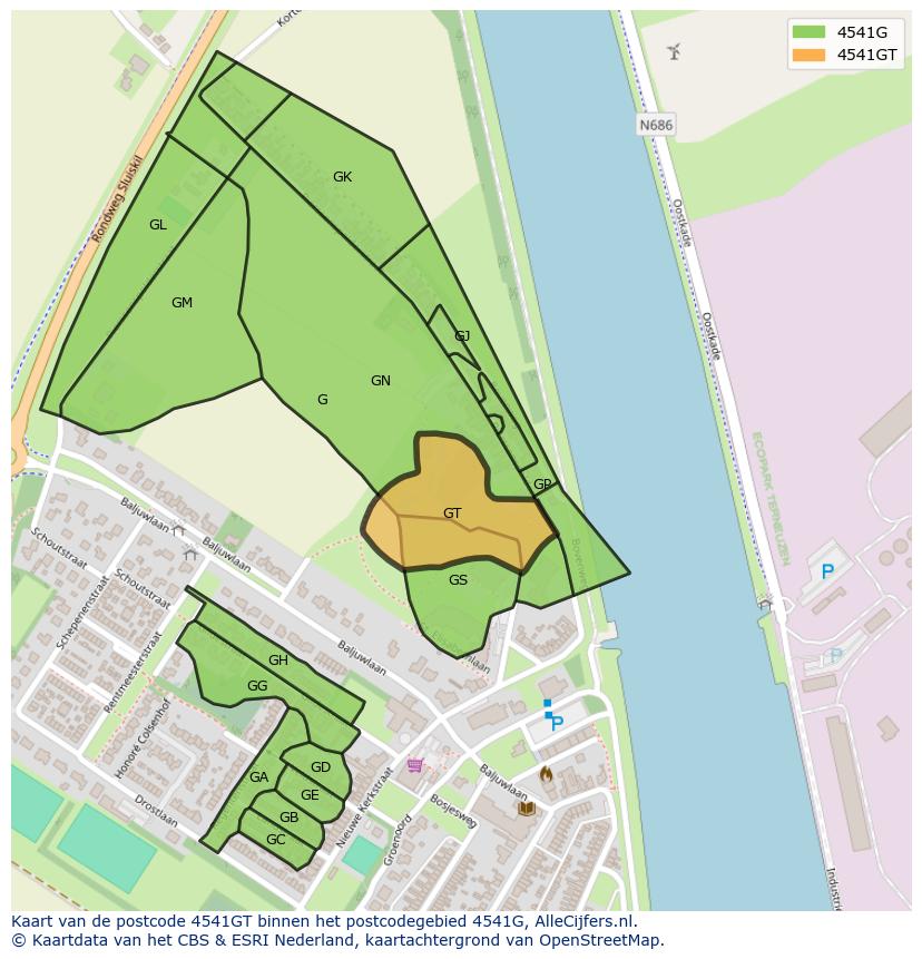 Afbeelding van het postcodegebied 4541 GT op de kaart.