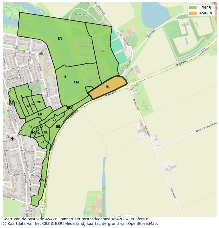 Afbeelding van het postcodegebied 4542 BL op de kaart.