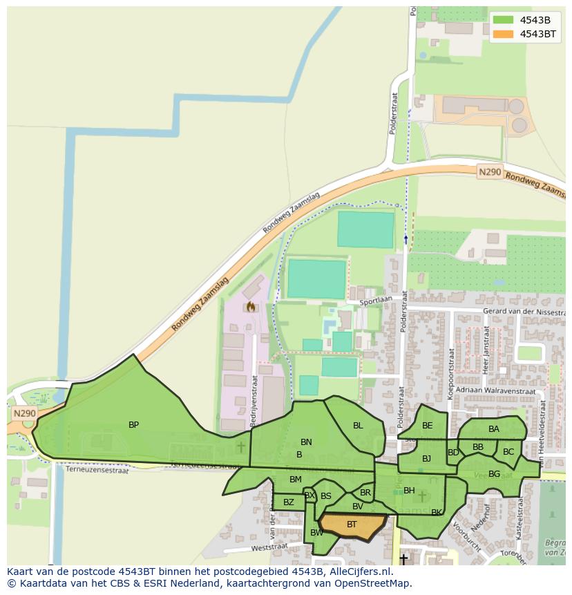 Afbeelding van het postcodegebied 4543 BT op de kaart.