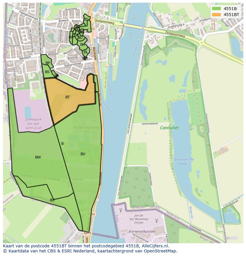 Afbeelding van het postcodegebied 4551 BT op de kaart.