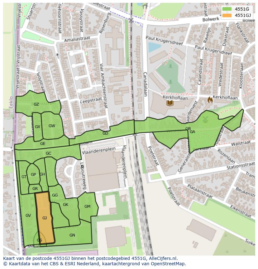 Afbeelding van het postcodegebied 4551 GJ op de kaart.