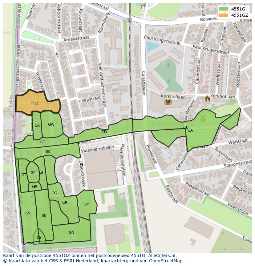 Afbeelding van het postcodegebied 4551 GZ op de kaart.