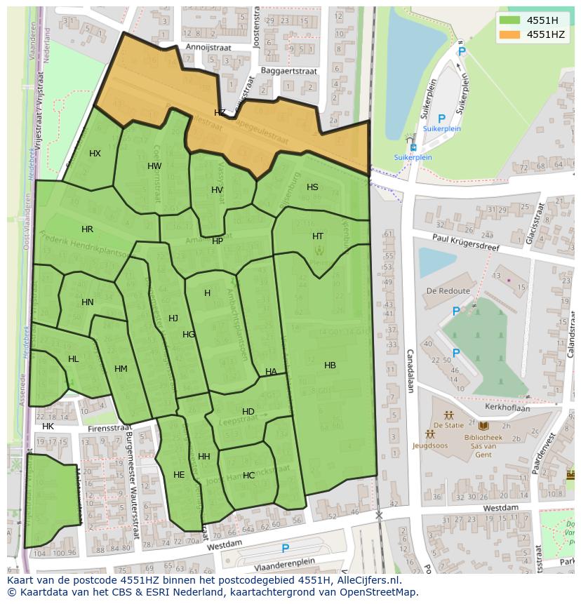 Afbeelding van het postcodegebied 4551 HZ op de kaart.