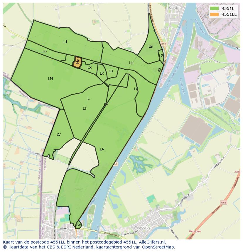 Afbeelding van het postcodegebied 4551 LL op de kaart.