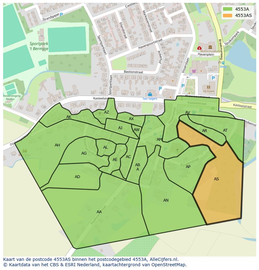 Afbeelding van het postcodegebied 4553 AS op de kaart.