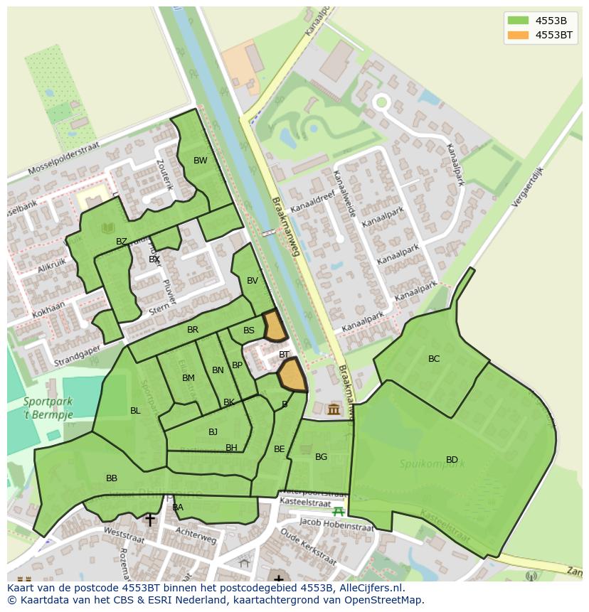 Afbeelding van het postcodegebied 4553 BT op de kaart.