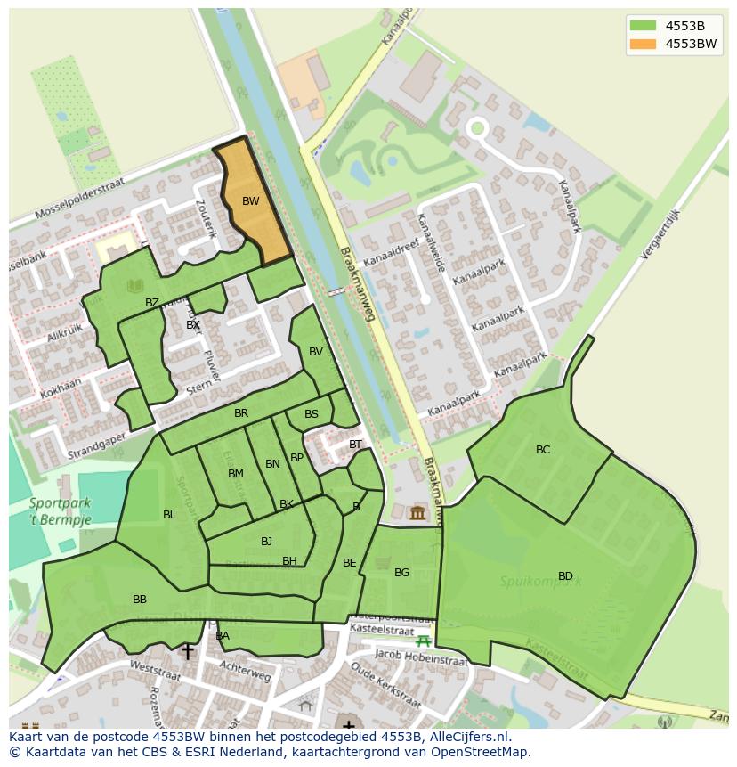 Afbeelding van het postcodegebied 4553 BW op de kaart.