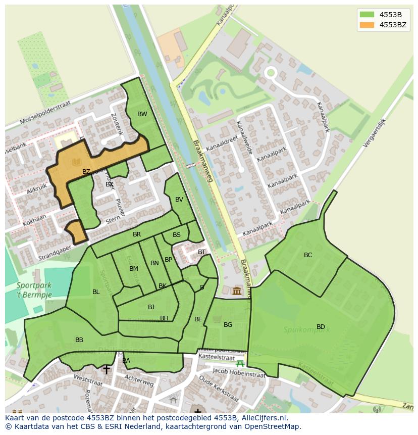 Afbeelding van het postcodegebied 4553 BZ op de kaart.