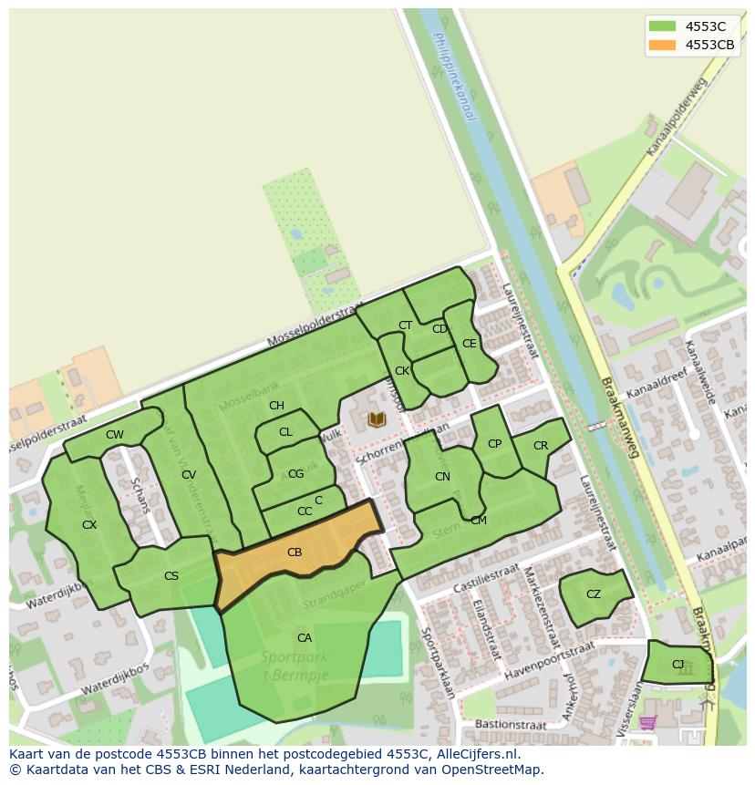 Afbeelding van het postcodegebied 4553 CB op de kaart.