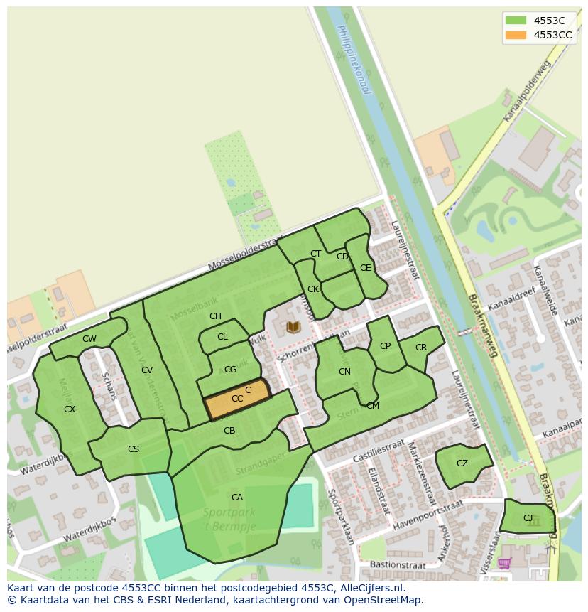 Afbeelding van het postcodegebied 4553 CC op de kaart.