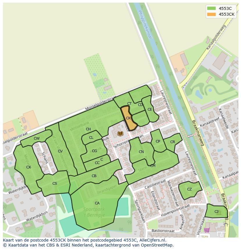 Afbeelding van het postcodegebied 4553 CK op de kaart.
