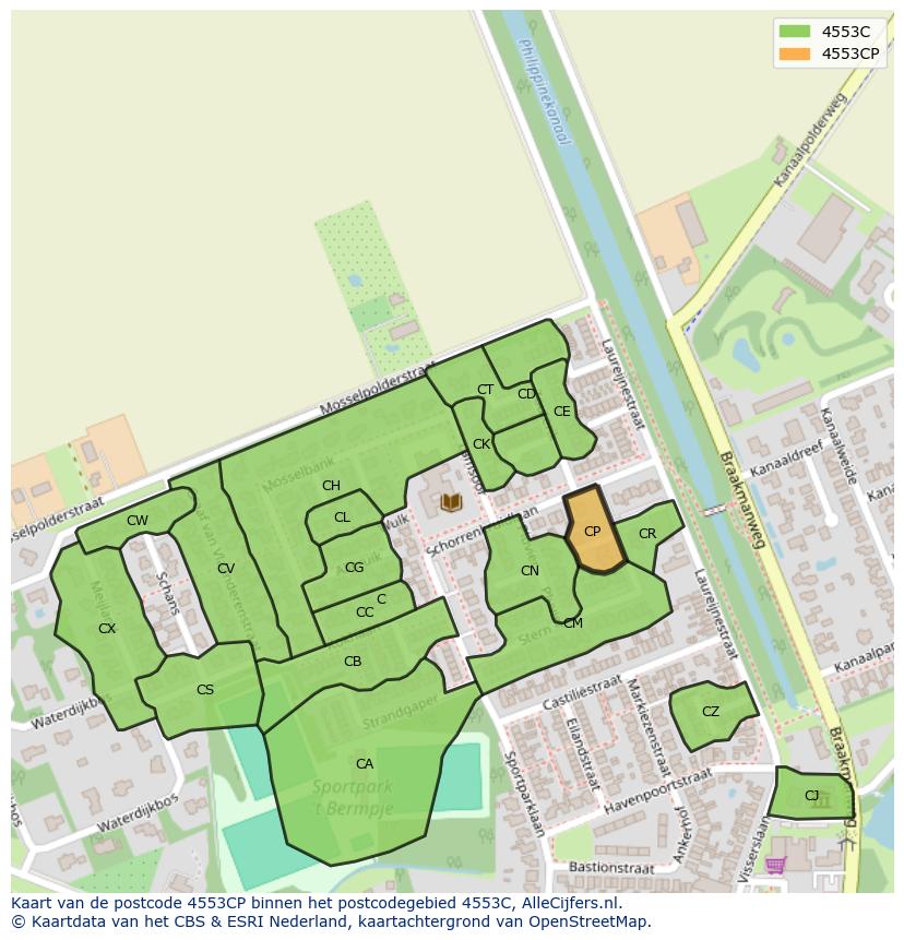 Afbeelding van het postcodegebied 4553 CP op de kaart.