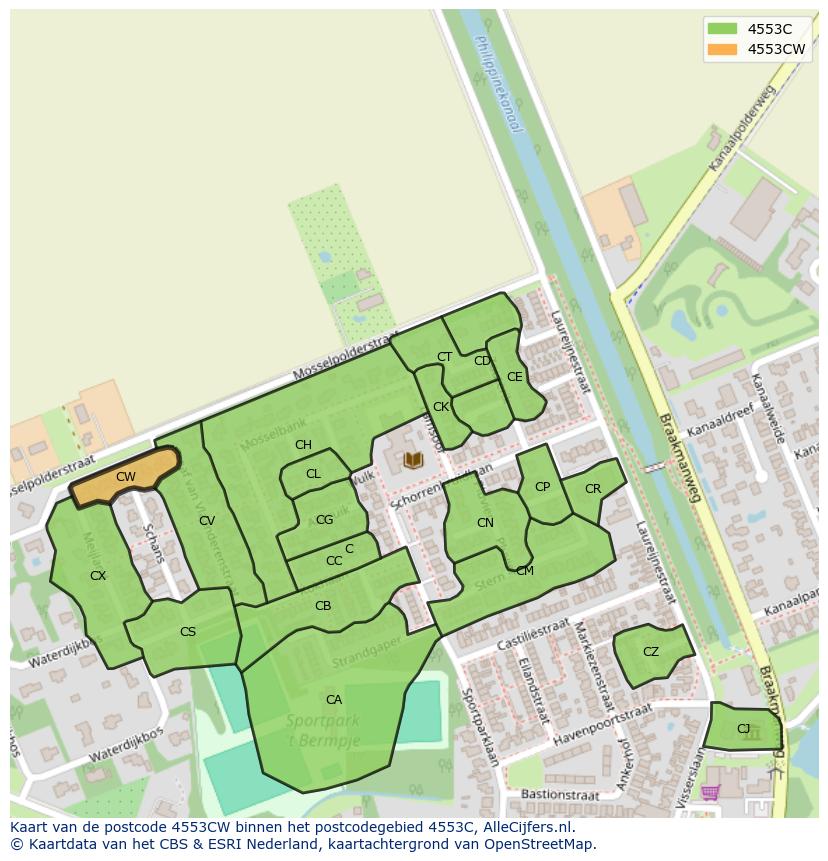 Afbeelding van het postcodegebied 4553 CW op de kaart.
