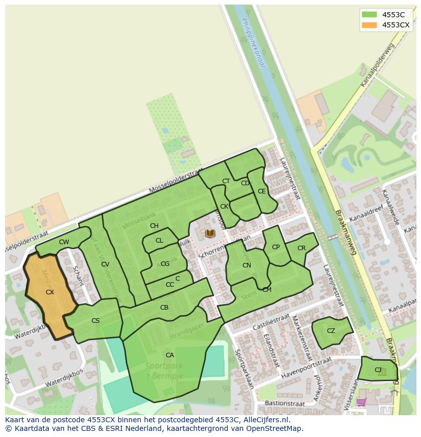 Afbeelding van het postcodegebied 4553 CX op de kaart.