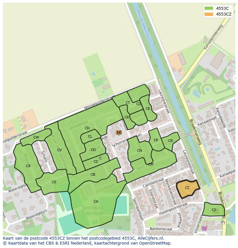 Afbeelding van het postcodegebied 4553 CZ op de kaart.