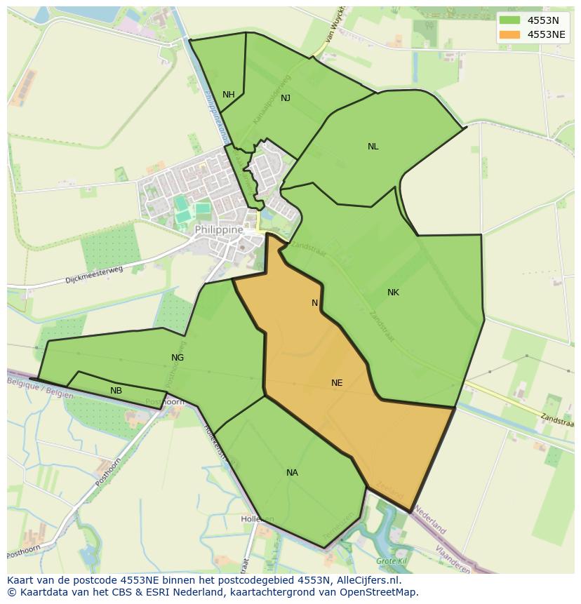 Afbeelding van het postcodegebied 4553 NE op de kaart.