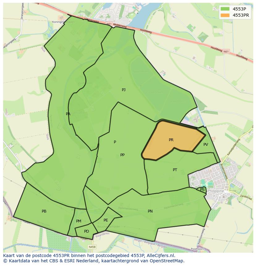 Afbeelding van het postcodegebied 4553 PR op de kaart.
