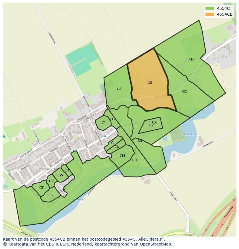 Afbeelding van het postcodegebied 4554 CB op de kaart.