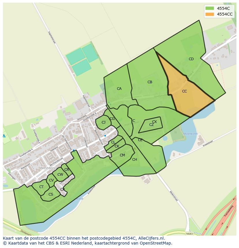 Afbeelding van het postcodegebied 4554 CC op de kaart.