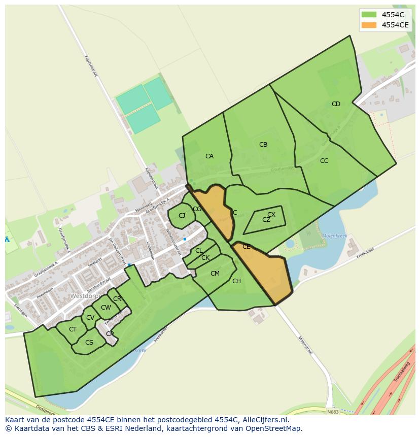 Afbeelding van het postcodegebied 4554 CE op de kaart.