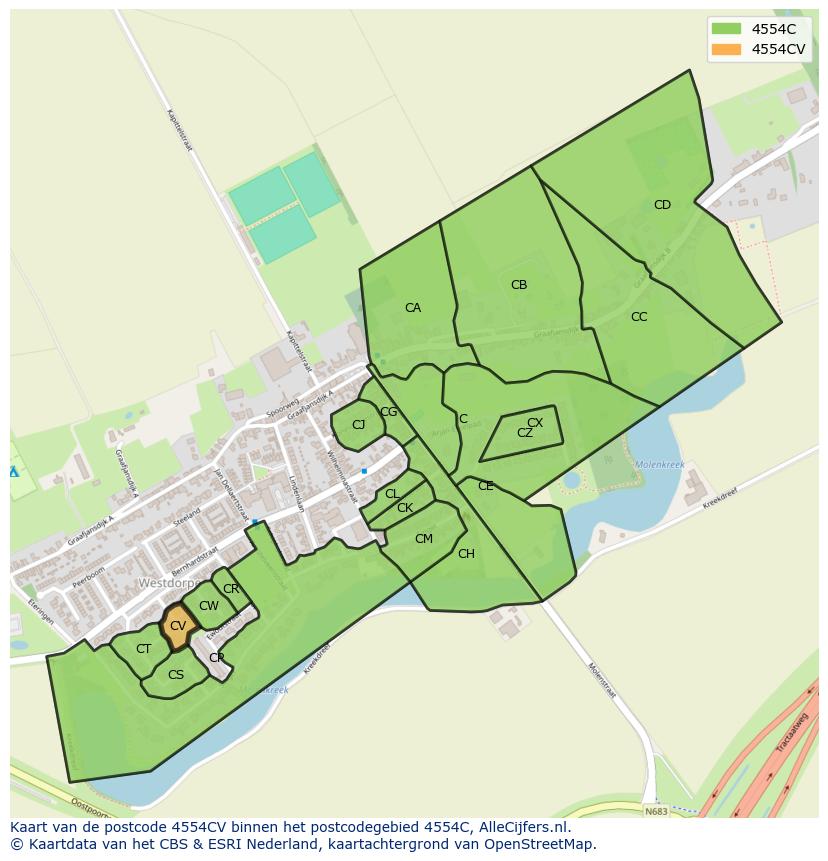 Afbeelding van het postcodegebied 4554 CV op de kaart.