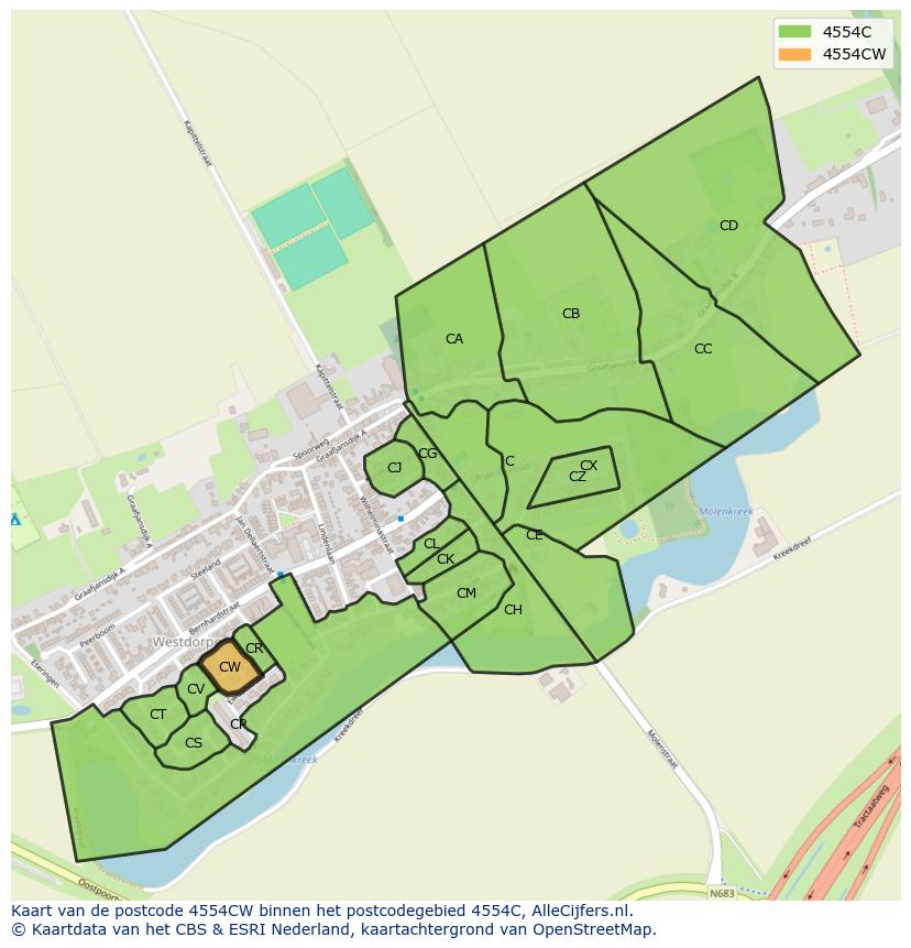 Afbeelding van het postcodegebied 4554 CW op de kaart.