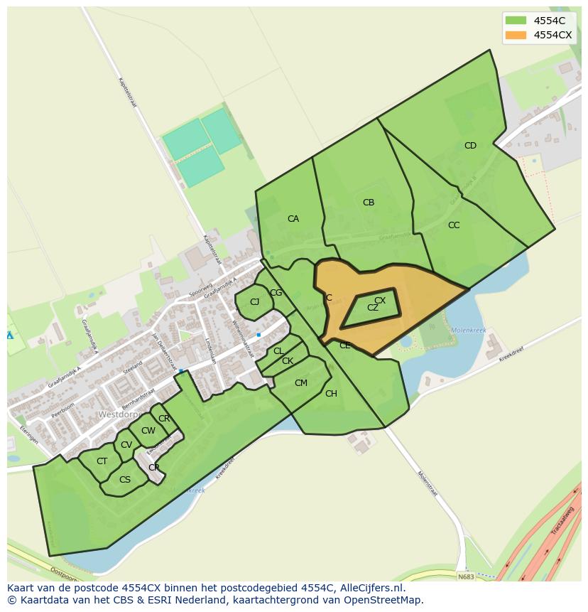 Afbeelding van het postcodegebied 4554 CX op de kaart.
