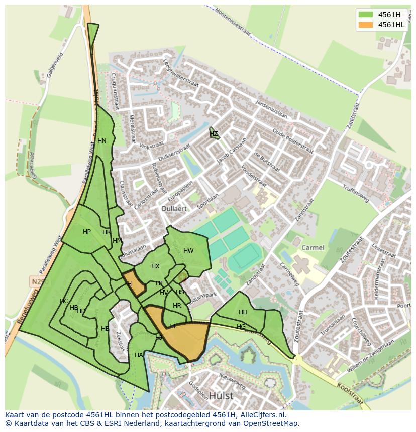 Afbeelding van het postcodegebied 4561 HL op de kaart.