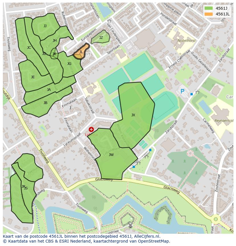 Afbeelding van het postcodegebied 4561 JL op de kaart.