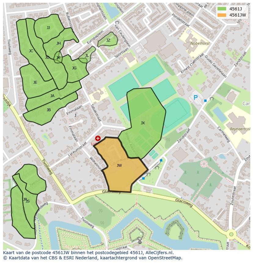 Afbeelding van het postcodegebied 4561 JW op de kaart.