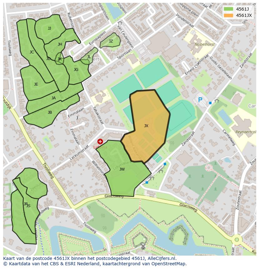 Afbeelding van het postcodegebied 4561 JX op de kaart.