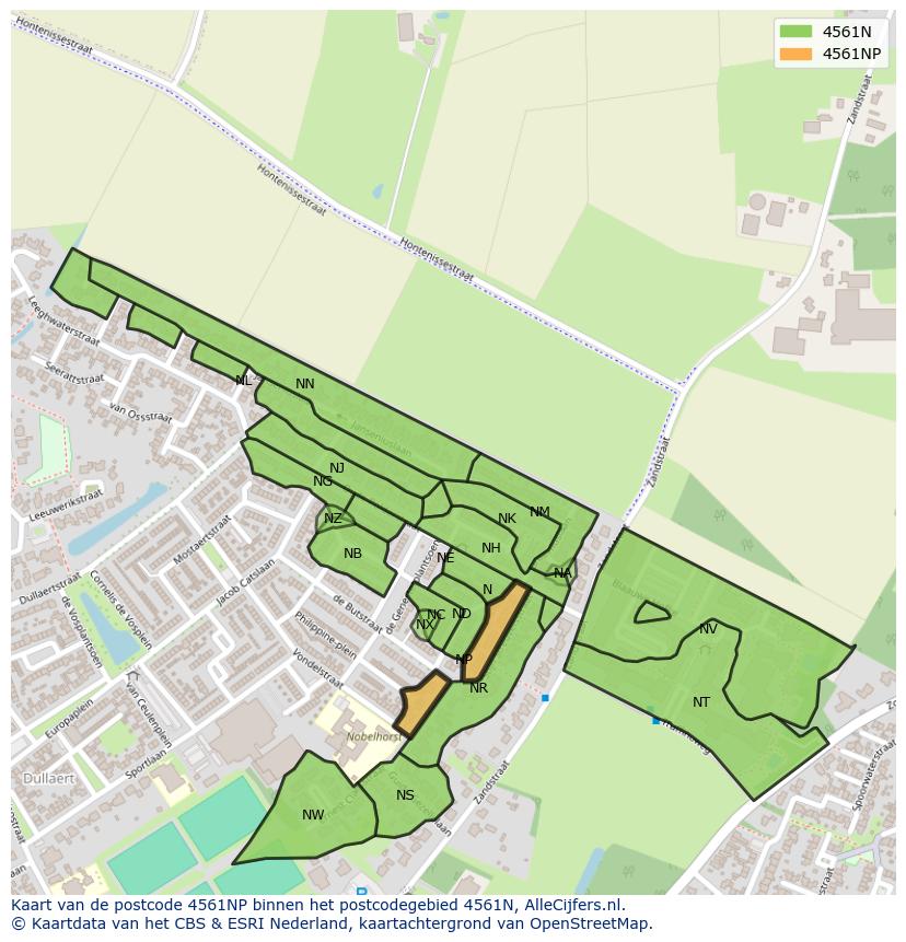 Afbeelding van het postcodegebied 4561 NP op de kaart.