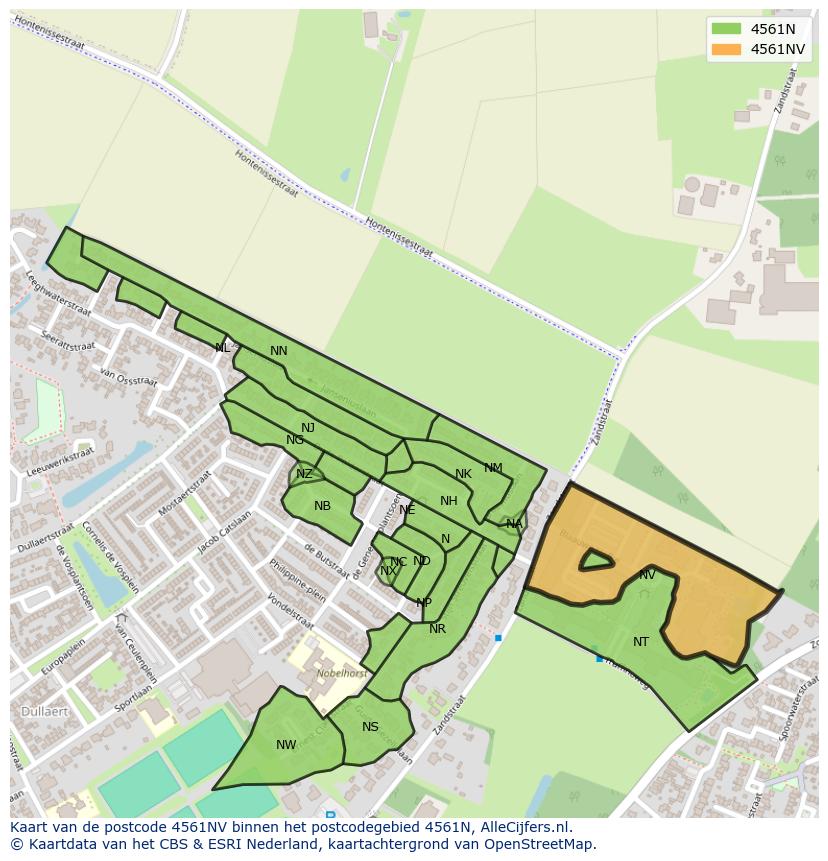 Afbeelding van het postcodegebied 4561 NV op de kaart.