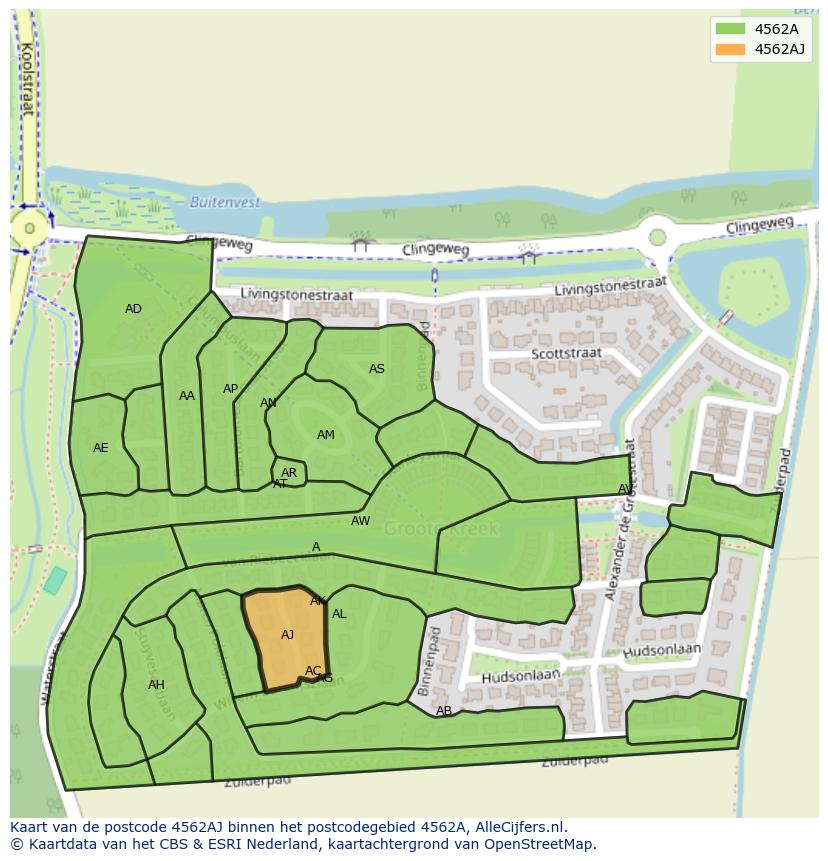 Afbeelding van het postcodegebied 4562 AJ op de kaart.