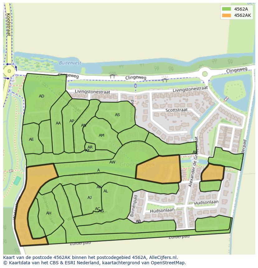 Afbeelding van het postcodegebied 4562 AK op de kaart.