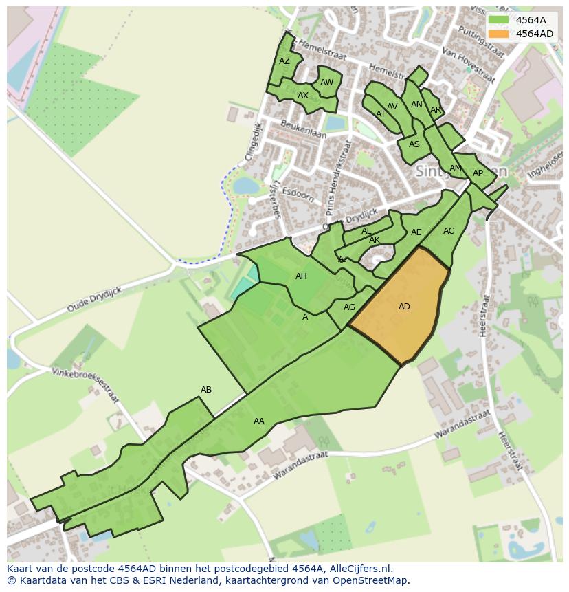 Afbeelding van het postcodegebied 4564 AD op de kaart.