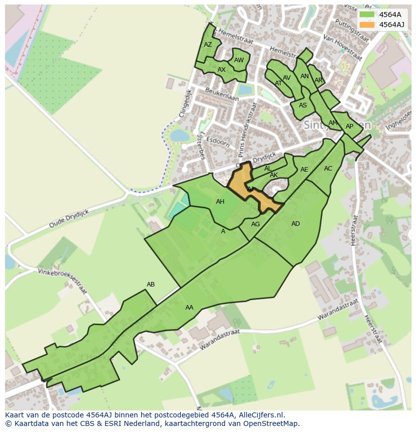 Afbeelding van het postcodegebied 4564 AJ op de kaart.
