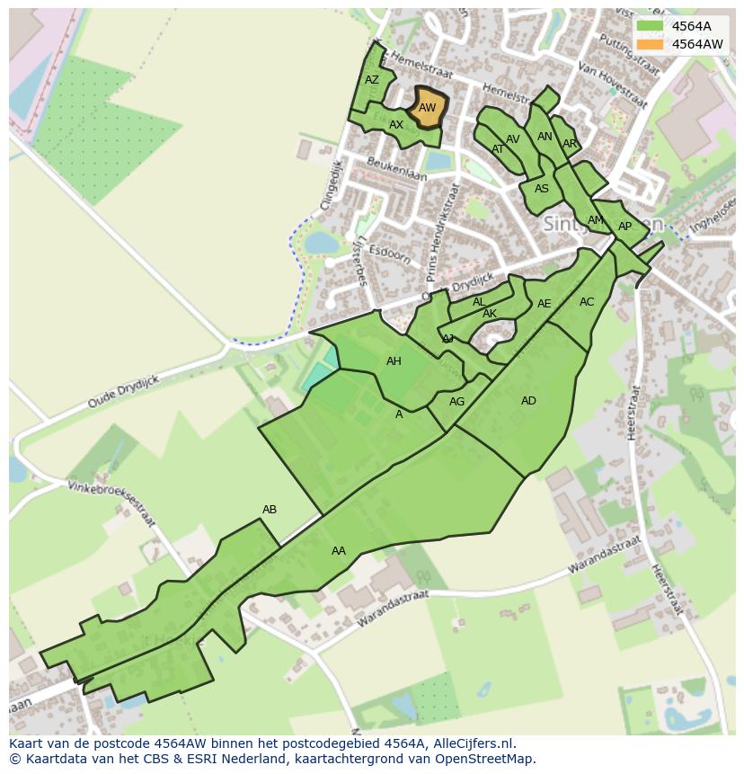 Afbeelding van het postcodegebied 4564 AW op de kaart.