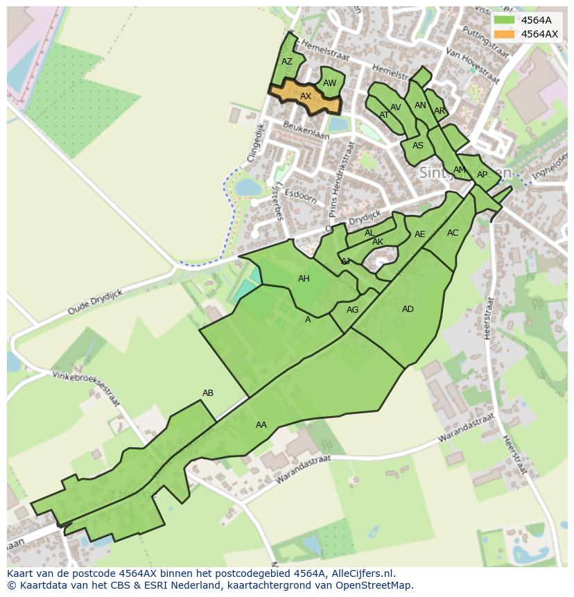 Afbeelding van het postcodegebied 4564 AX op de kaart.