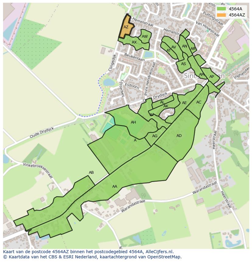 Afbeelding van het postcodegebied 4564 AZ op de kaart.