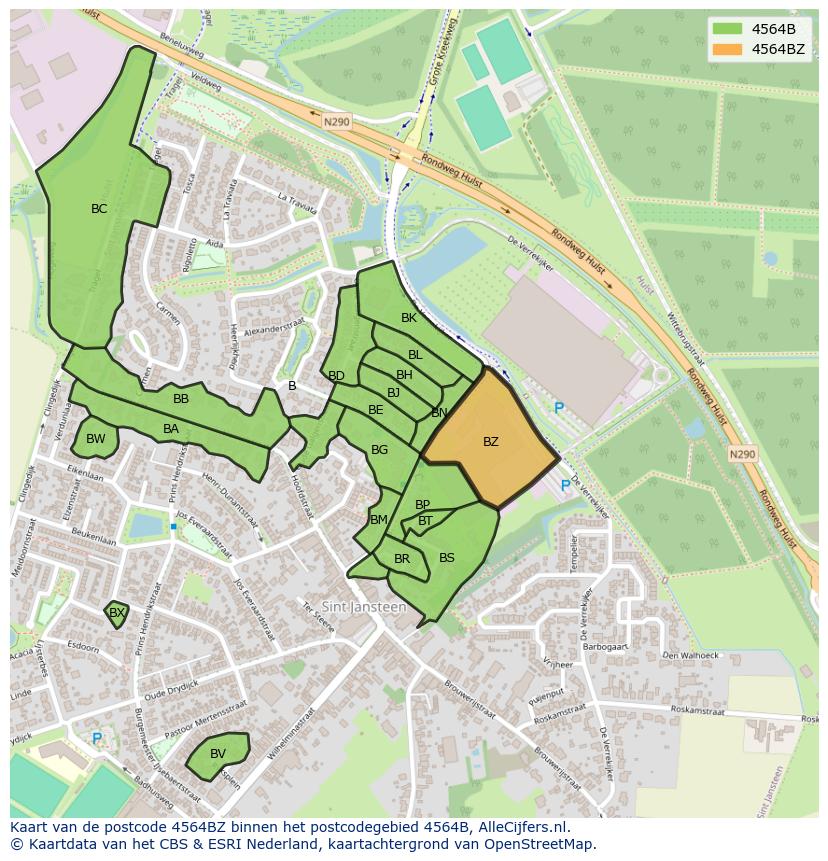 Afbeelding van het postcodegebied 4564 BZ op de kaart.