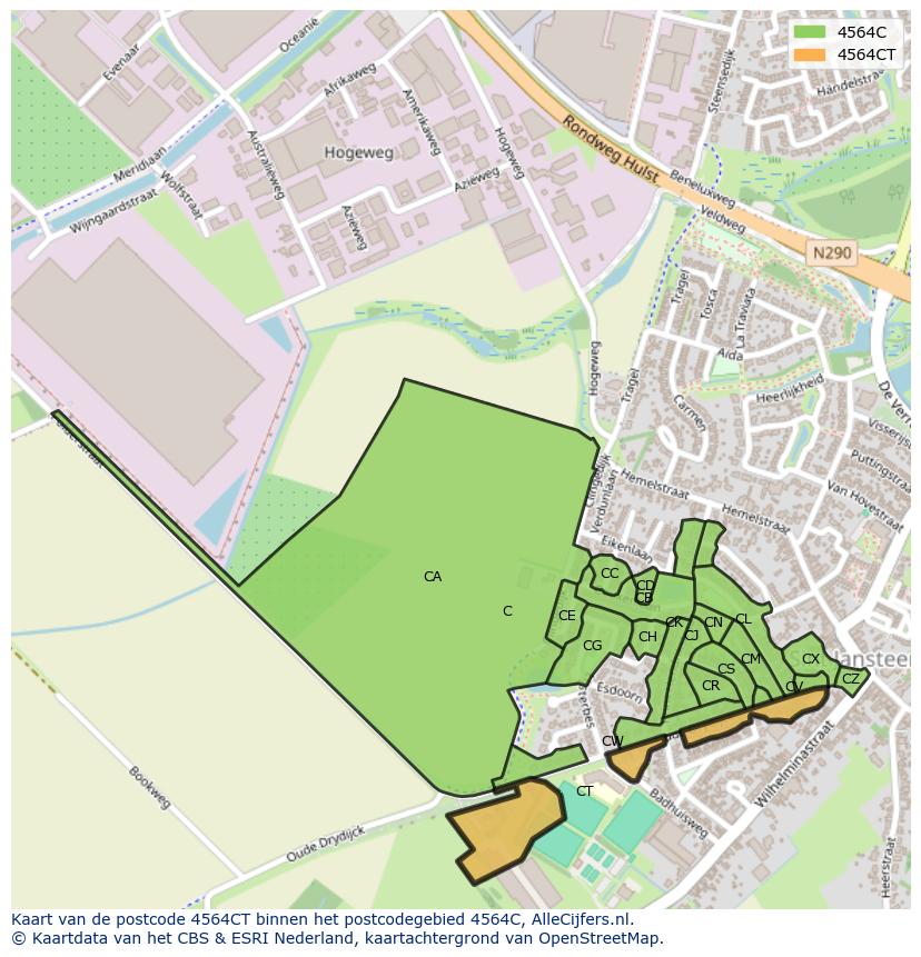 Afbeelding van het postcodegebied 4564 CT op de kaart.